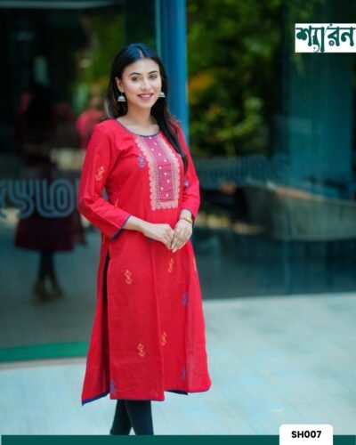 Bright Red Disha Kurti – Block Print & Embroidery