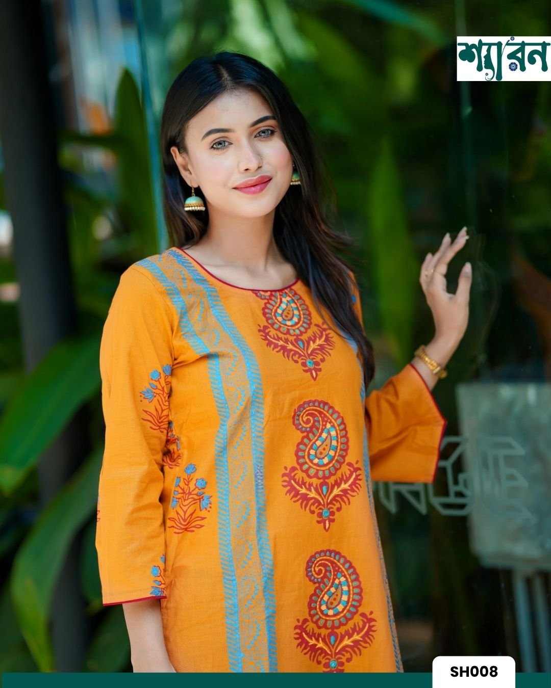 Pumpkin Orange Kamiz Hand Stitch with Block Print - Image 2