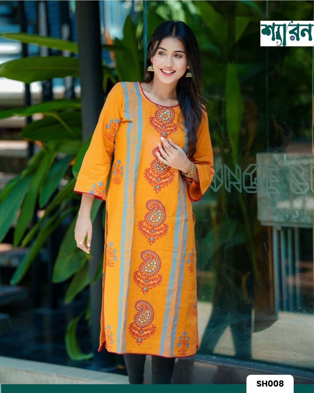 Pumpkin Orange Kamiz Hand Stitch with Block Print