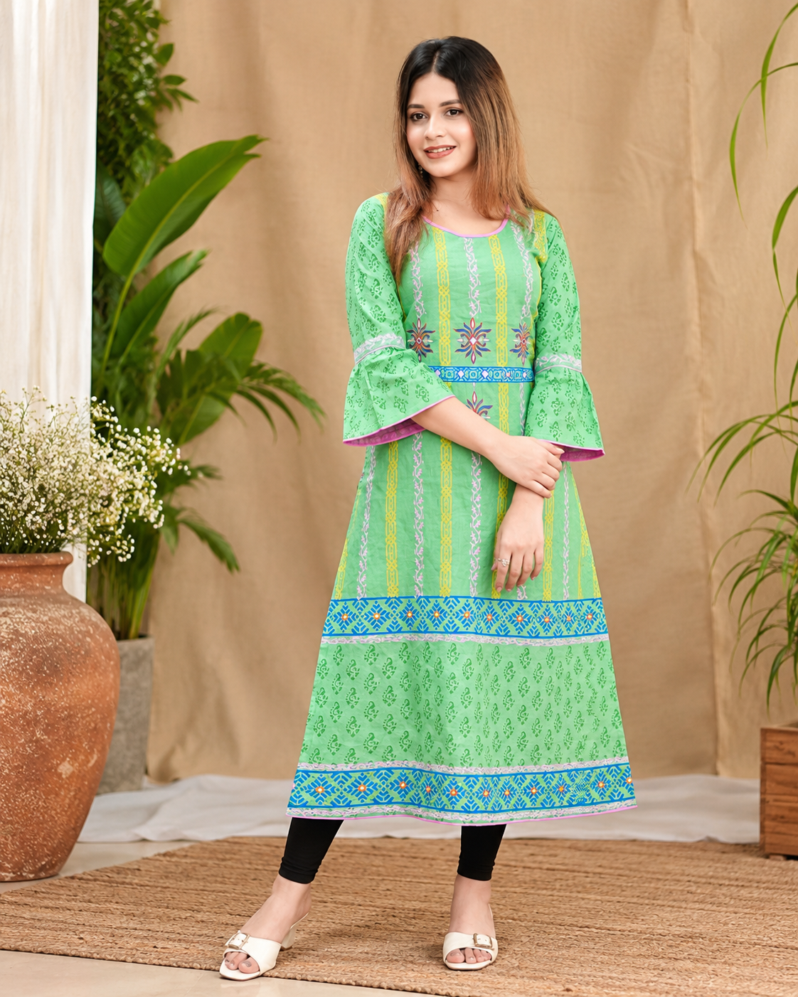 Slub Cotton Mint Kurti with Block Print & Embroidery