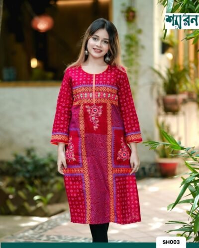 Red Puja Kurti – 100% Slub Cotton with Block Print & Embroidery