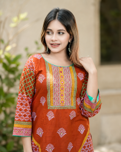 Alternative view of Rust Orange Kurti Outfit with Block Print & Embroidery