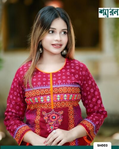 Alternative view of Red Puja Kurti – 100% Slub Cotton with Block Print & Embroidery