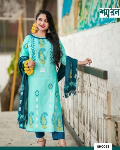 Slub Cotton 3-Piece Set with Block Print & Hand Stitch