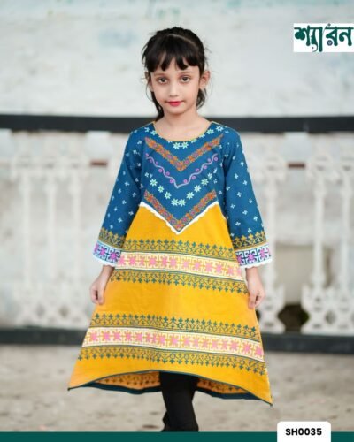Girls' Parijat Slub Cotton Frock – Block Print & Embroidery