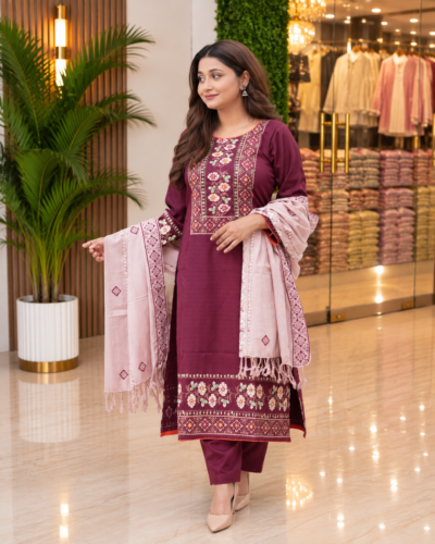 Maroon Jacquard Cotton Three Piece