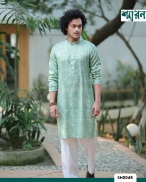 Giza Cotton Digital Print Panjabi - Soft Green