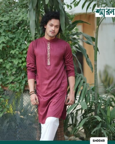 Premium Jacquard Cotton Embroidered Panjabi - Maroon