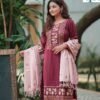 Maroon Jacquard Cotton Three Piece