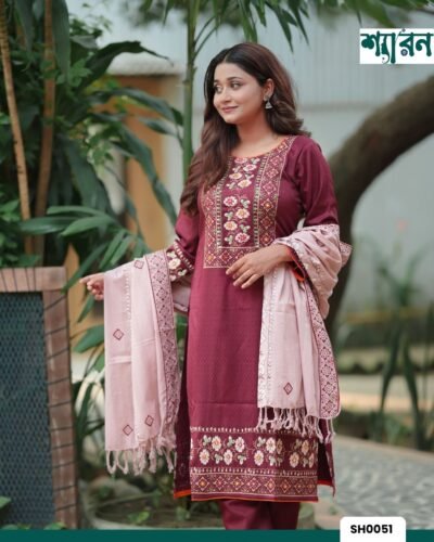 Maroon Jacquard Cotton Three Piece