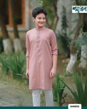 Kid's Light Pink Embroidered Panjabi - Viscose Cotton