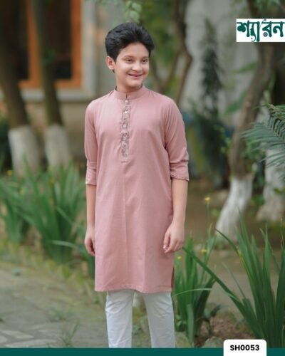 Kid's Light Pink Embroidered Panjabi - Viscose Cotton