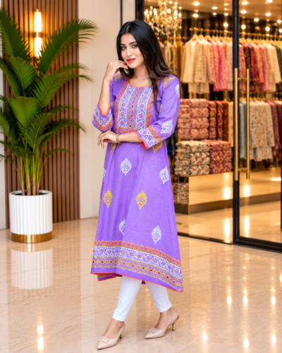 Lavender Frock – 100% Slub Cotton with Block Print & Embroidery