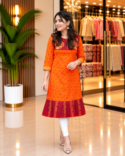 Vibrant Orange Kamiz (One Piece) – Aarong-Style Handcrafted
