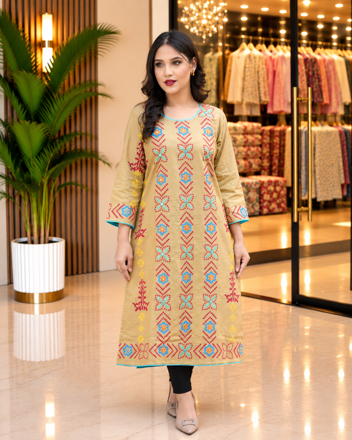Beige Brown Maduli Kamiz with Block Print & Hand Embroidery