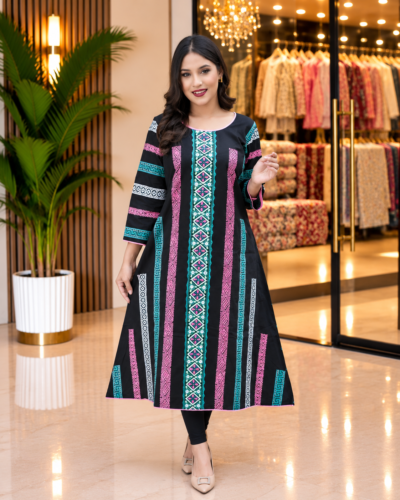 Black Frock Multi-Color Block Print with Hand Stitch