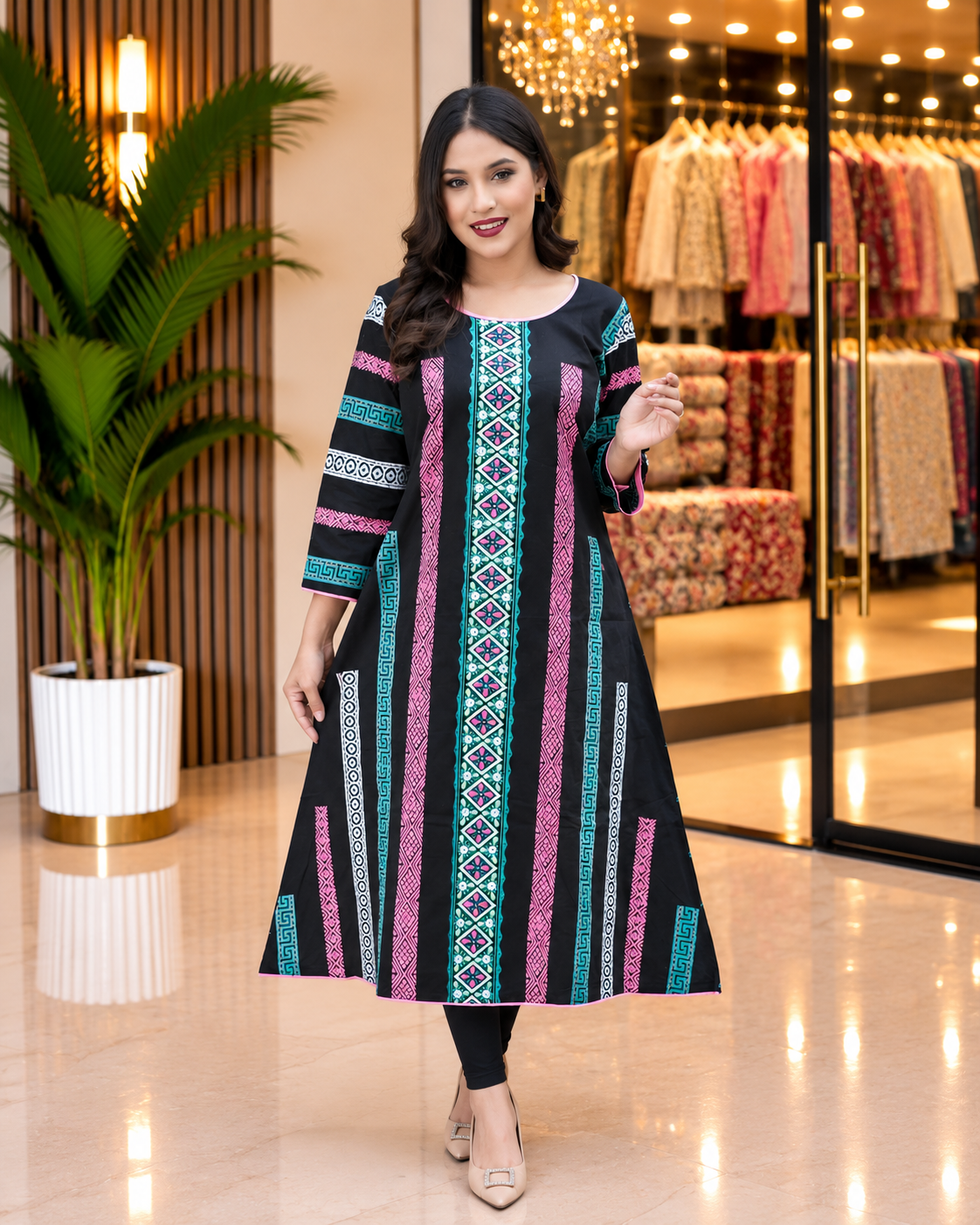 Black Frock Multi-Color Block Print with Hand Stitch