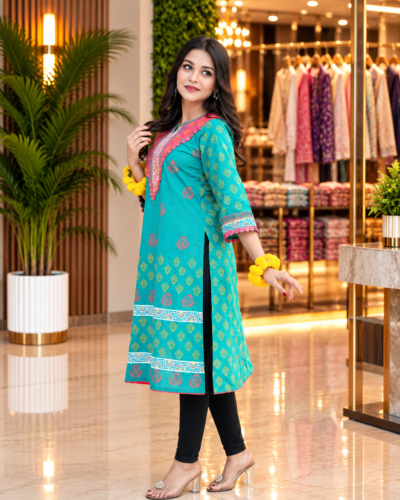 Alternative view of Slub Cotton Aqua Matching Kurti with Handwork & Block Print