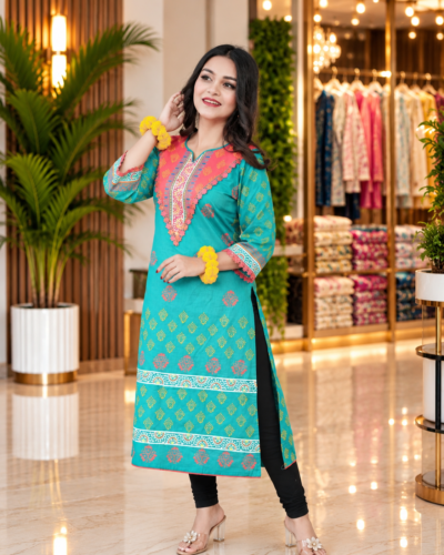Slub Cotton Aqua Matching Kurti with Handwork & Block Print