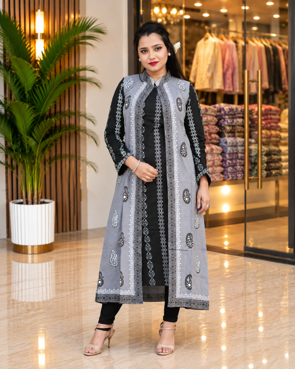 Black & Grey Kamiz with Koti – Handwork & Block Print