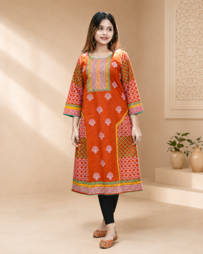 Rust Orange Kurti Outfit with Block Print & Embroidery