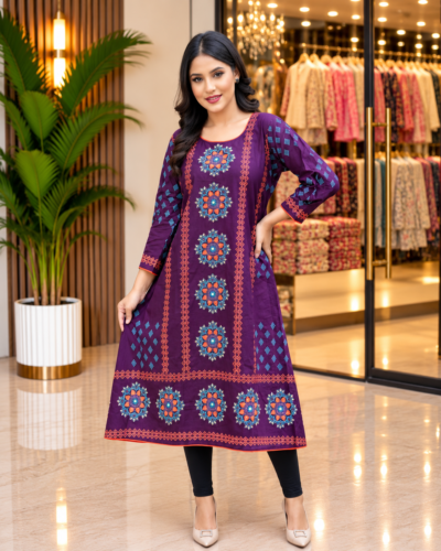 Alternative view of Purple Flower Round Rani Kurti – Block Print & Hand Stitch
