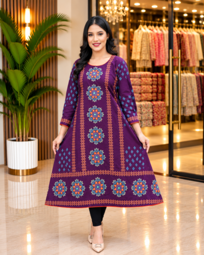 Purple Flower Round Rani Kurti – Block Print & Hand Stitch