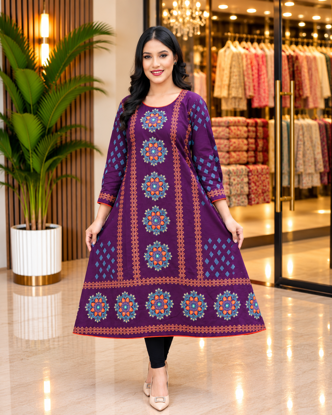 Purple Flower Round Rani Kurti – Block Print & Hand Stitch