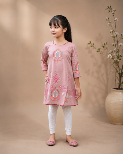 Girls Viscose Cotton Frock – Block Print & Hand Stitch Design
