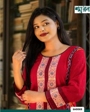 Alternative view of Red Slub Cotton Kurti with Embroidery & Block Print