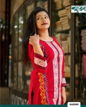 Red Slub Cotton Kurti with Embroidery & Block Print