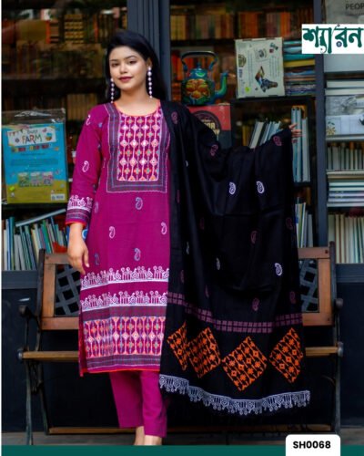 Salwar Kamiz – Slub Cotton with Ari Work & Block Print (Magenta)