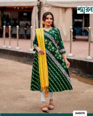 Green Slub Cotton Kurti with Block Print & Ari Embroidery, Paired with Cotton Orna