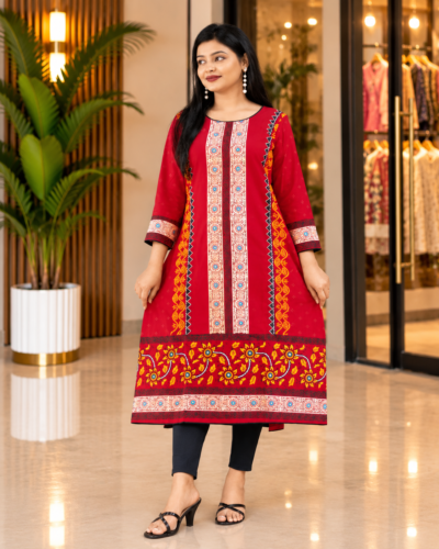Red Slub Cotton Kurti with Embroidery & Block Print