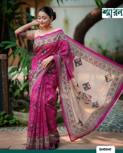 Magenta & Cream Chandni Silk Saree – Digital Print