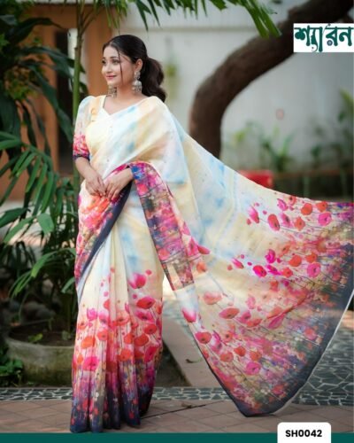 Pastel Floral Dream – Chandni Silk Saree with Digital Bloom Print