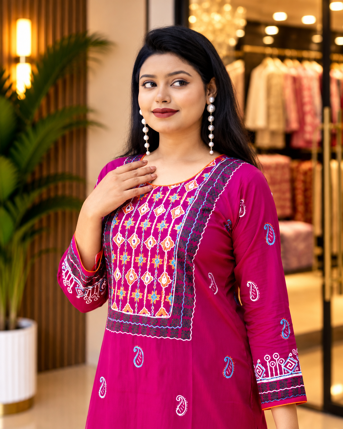 Salwar Kamiz – Slub Cotton with Ari Work & Block Print (Magenta) - Image 2