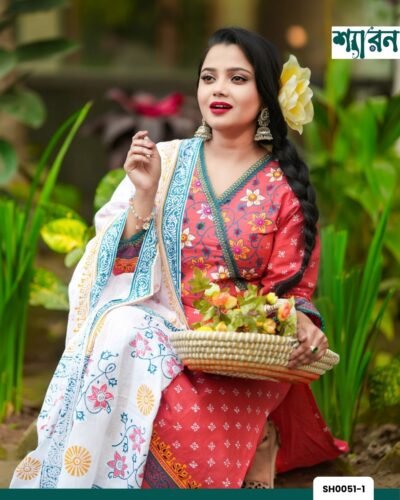 Alternative view of Coral Pink Maloti Kurti Set – Aarong Style Handwork & Block Print