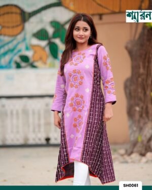 Aarong Style Slub Cotton Frock with Hand Embroidery & Block Print