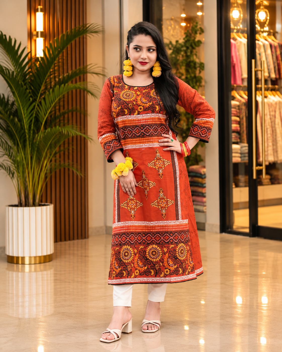 Sunflower – Slub Cotton Kurti with Block Print & Hand Stitch