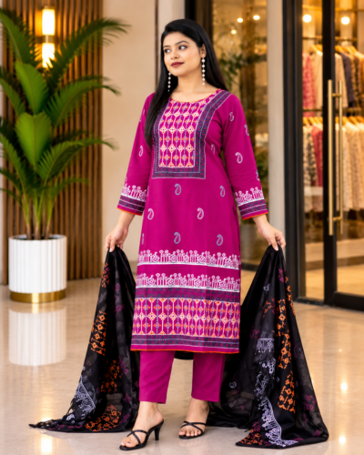 Salwar Kamiz – Slub Cotton with Ari Work & Block Print (Magenta)