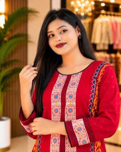 Alternative view of Red Slub Cotton Kurti with Embroidery & Block Print