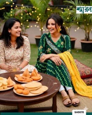 Alternative view of Green Slub Cotton Kurti with Block Print & Ari Embroidery, Paired with Cotton Orna