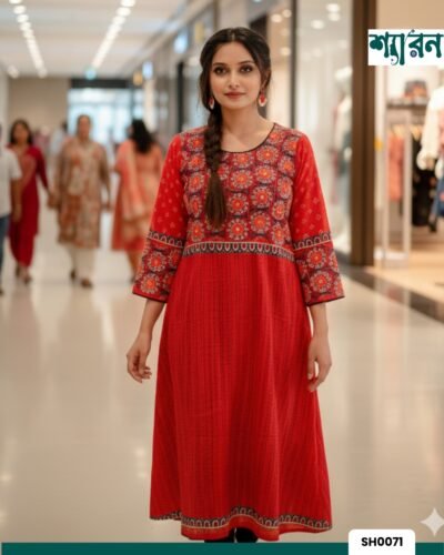 Elegant Red Round Kurti – Slub Cotton