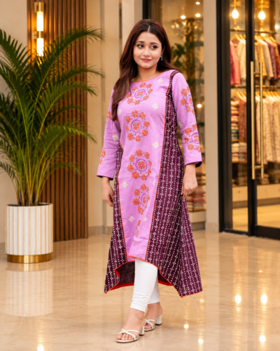 Aarong Style Slub Cotton Frock with Hand Embroidery & Block Print