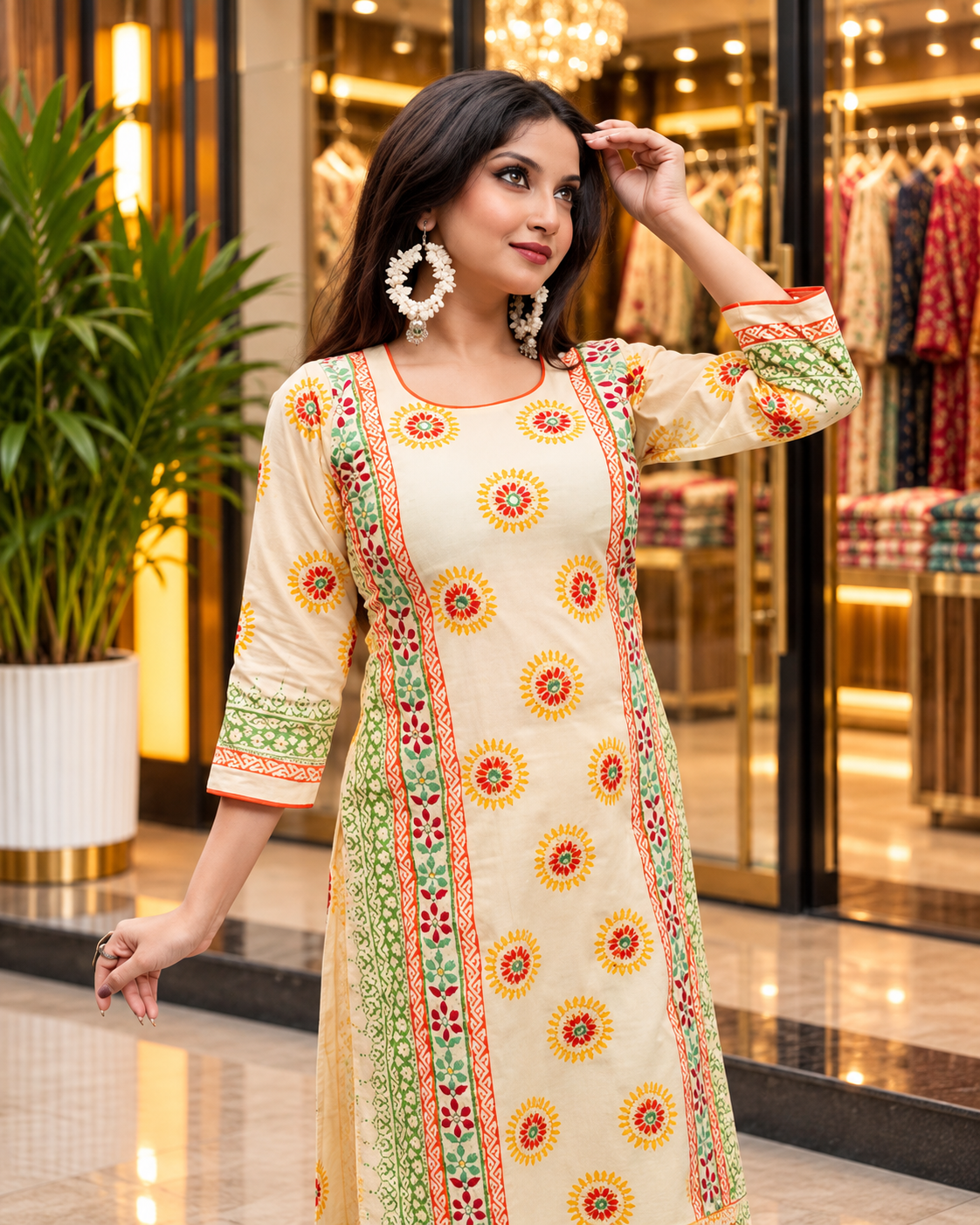 Elegant Cream Kurti with Hand Stitch & Block Prints - Image 3