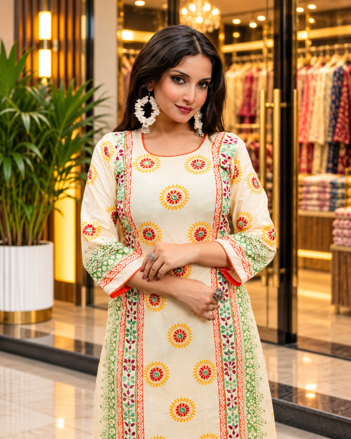 Elegant Cream Kurti with Hand Stitch & Block Prints - Image 2