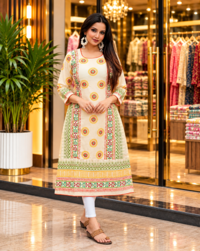 Elegant Cream Kurti with Hand Stitch & Block Prints
