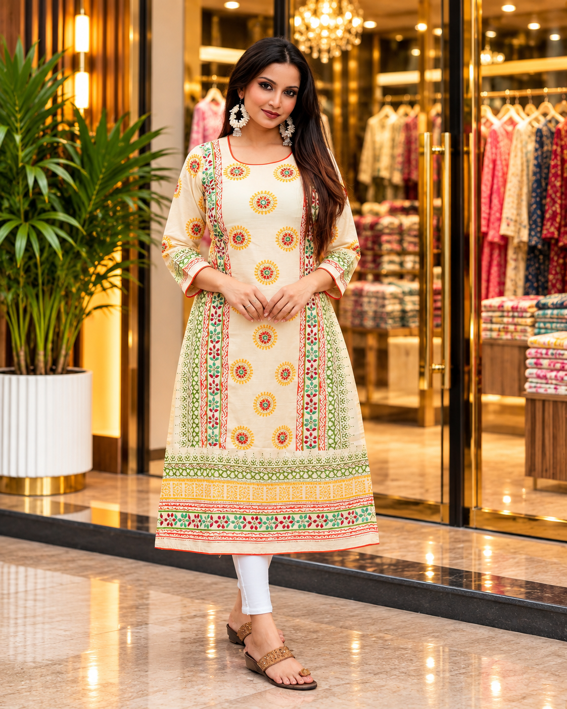 Elegant Cream Kurti with Hand Stitch & Block Prints