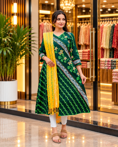 Green Slub Cotton Kurti with Block Print & Ari Embroidery, Paired with Cotton Orna